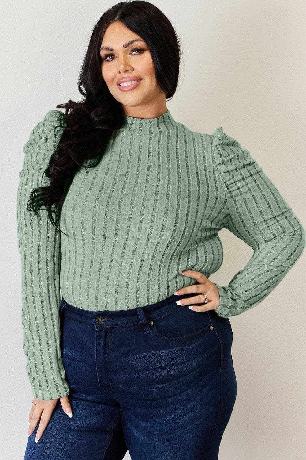 Ribbed mock neck top with puff sleeves - Love Salve